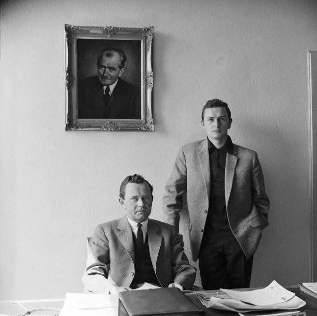 Ferry Porsche (left) in his office with his son Ferdinand Alexander Porsche (ca. 1960)