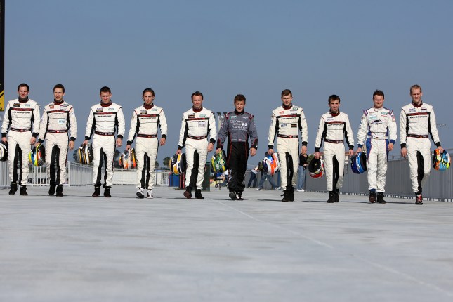(l.-r.): Richard Lietz, Klaus Bachler, Nick Tandy, Marco Holzer, Patrick Pilet, Patrick Long, Michael Christensen, Romain Dumas, Marc Lieb, Jörg Bergmeister