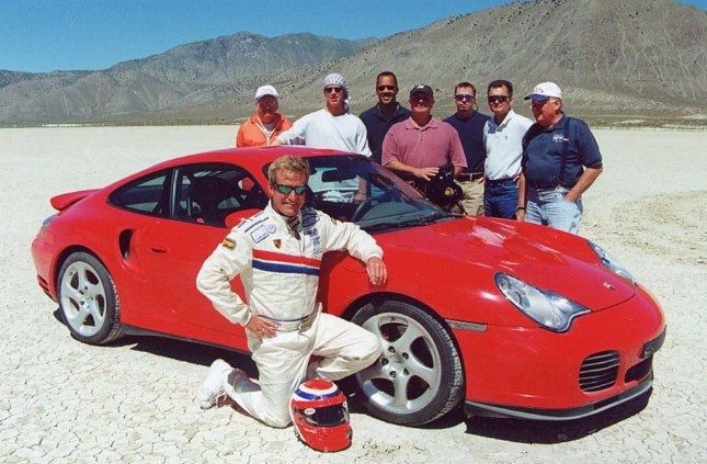Bruce pictured with blue and whte cap on the far right at Dry Lake. Source: Bruce Anderson 911 Porsche Blog