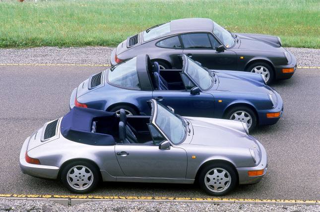 Porsche 911 Carrera 4 3.6 Cabriolet, 1990; (first: 911 Carrera 4 3.6 Cabriolet; second: 911 Carrera 4 3.6 Targa; third: 911 Carrera 4 3.6 Coupé)