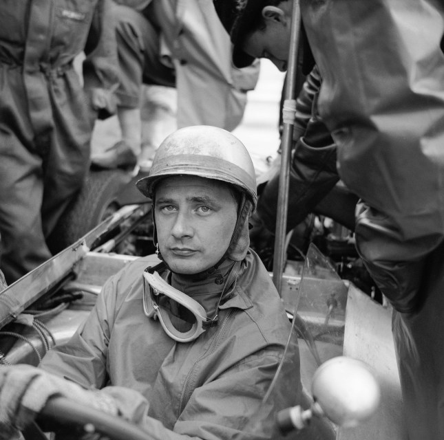 Hans Herrmann 1961 test driving the Porsche 787 in Hockenheim.