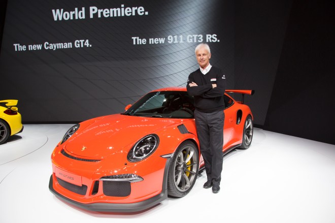 Chairman of the Executive Board of Porsche AG, Matthias Müller, presents the Cayman GT4 and 911GT3 RS at the Geneva Auto Show